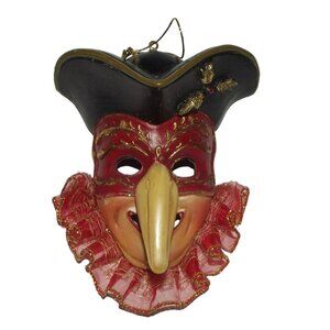 Venetian Pirate Carnival Mask Ornament small 4-3/8" big nose red lace black hat